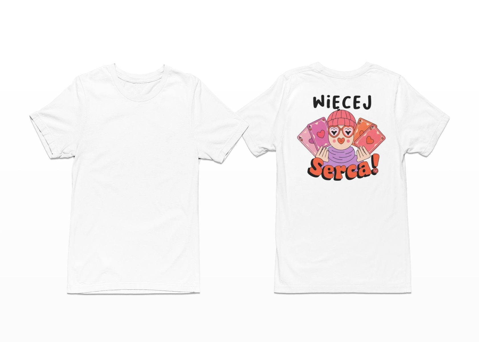 Vit T-shirt med ryggtryck “Mehr Herz”