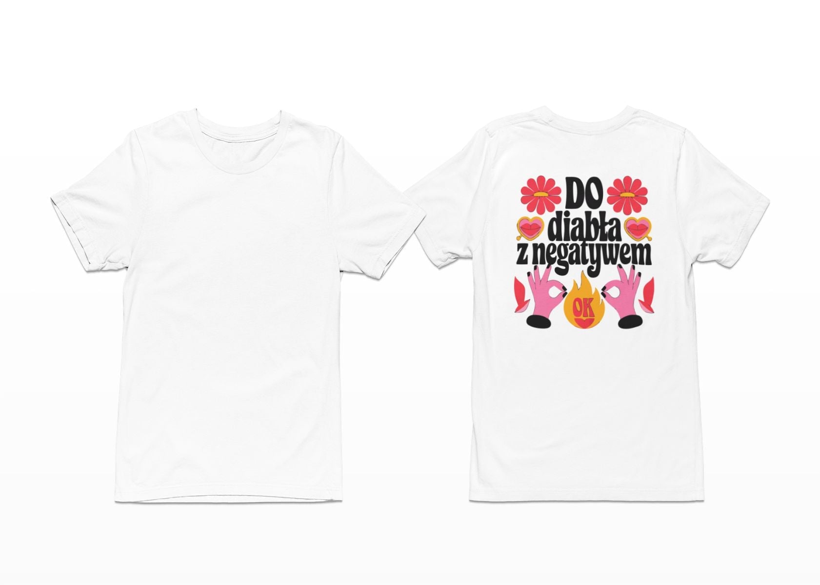 Vit T-shirt med ryggtryck “Zum Teufel mit dem Negativen”