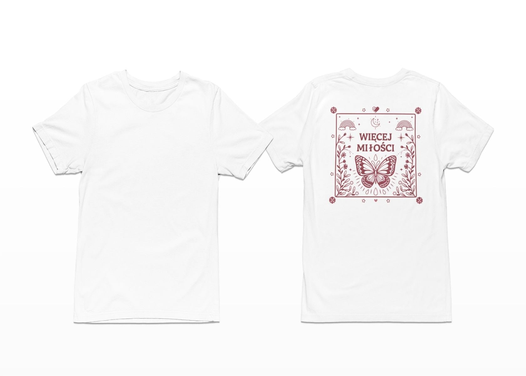 Vit T-shirt med ryggtryck “Mehr Liebe”