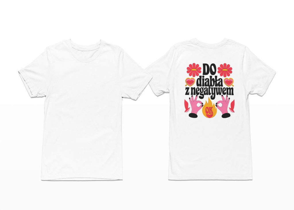 Vit T-shirt med ryggtryck “Zum Teufel mit dem Negativen”
