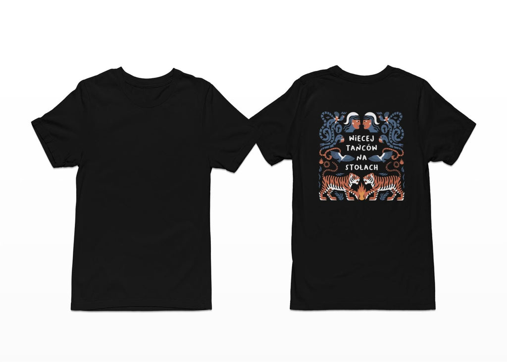Svart T-shirt med ryggtryck “Mehr Tanzen auf den Tischen”